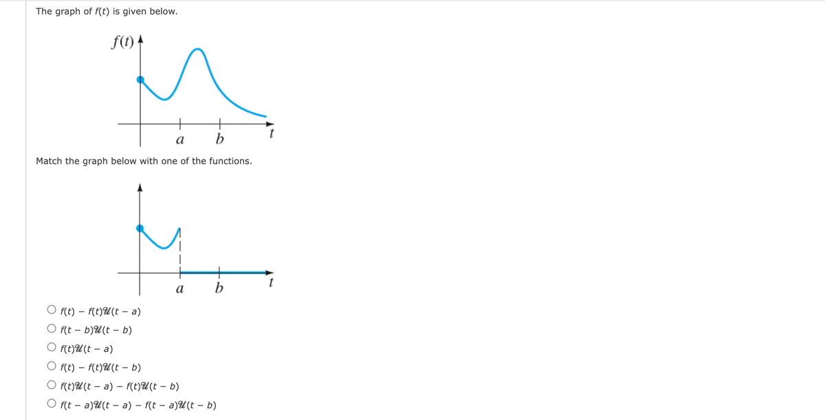 The graph of \( f(t) \) is given below.

![Graph of \( f(t) \)]  

The graph has a smooth curve, starting with a steep ascent, reaching a peak before decreasing and then rising again to another peak, eventually tapering off. It is plotted against the \( t \)-axis with marked points \( a \) and \( b \).

**Match the graph below with one of the functions.**

![Graph to Match]  

This second graph presents a curve initially ascending to a peak, followed by a sharp descent to zero on point \( a \), then a horizontal line along the \( t \)-axis to point \( b \).

**Function Options:**
- \( \circ \quad f(t) - f(t)\chi(t-a) \)
- \( \circ \quad f(t-b)\chi(t-b) \)
- \( \circ \quad f(t)\chi(t-a) \)
- \( \circ \quad f(t) - f(t)\chi(t-b) \)
- \( \circ \quad f(t)\chi(t-a) - f(t)\chi(t-b) \)
- \( \circ \quad f(t-a)\chi(t-a) - f(t-a)\chi(t-b) \)

*Note:* \( \chi \) denotes the characteristic function, which is typically defined as a function equal to 1 when the condition is met and 0 otherwise. Consider how each function reflects changes in the original graph of \( f(t) \).