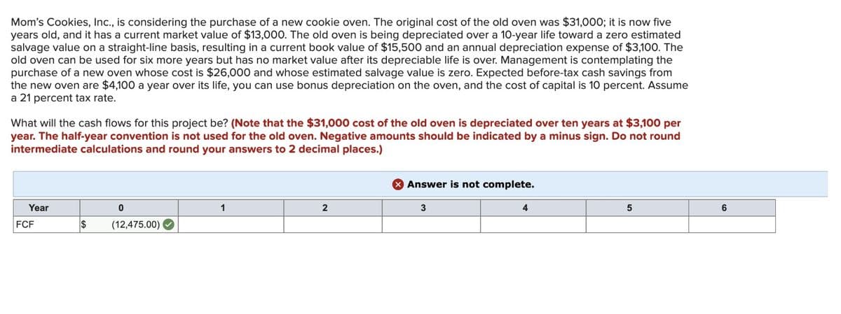 Mom's Cookies, Inc., is considering the purchase of a new cookie oven. The original cost of the old oven was $31,000; it is now five
years old, and it has a current market value of $13,000. The old oven is being depreciated over a 10-year life toward a zero estimated
salvage value on a straight-line basis, resulting in a current book value of $15,500 and an annual depreciation expense of $3,100. The
old oven can be used for six more years but has no market value after its depreciable life is over. Management is contemplating the
purchase of a new oven whose cost is $26,000 and whose estimated salvage value is zero. Expected before-tax cash savings from
the new oven are $4,100 a year over its life, you can use bonus depreciation on the oven, and the cost of capital is 10 percent. Assume
a 21 percent tax rate.
What will the cash flows for this project be? (Note that the $31,000 cost of the old oven is depreciated over ten years at $3,100 per
year. The half-year convention is not used for the old oven. Negative amounts should be indicated by a minus sign. Do not round
intermediate calculations and round your answers to 2 decimal places.)
Year
FCF
$
0
(12,475.00)
1
2
Answer is not complete.
3
4
5
6