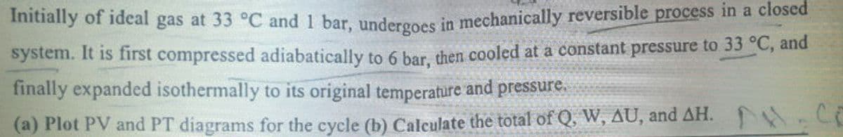 Initially of ideal gas at 33 °C and 1 bar, undergoes in mechanically reversible process in a closed
system. It is first compressed adiabatically to 6 bar, then cooled at a constant pressure to 33 °C, and
finally expanded isothermally to its original temperature and pressure.
(a) Plot PV and PT diagrams for the cycle (b) Calculate the total of Q, W, AU, and AH.