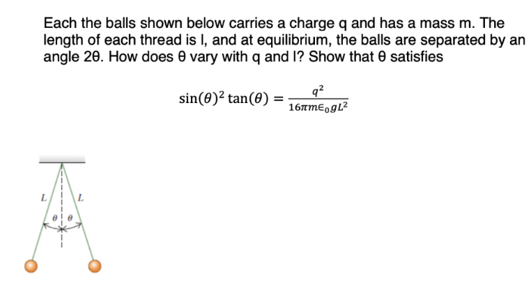 Each the balls shown below carries a charge q and has a mass m. The
length of each thread is I, and at equilibrium, the balls are separated by an
angle 20. How does 0 vary with q and I? Show that 0 satisfies
q²
16AME,gL?
sin(0)? tan(0)
L
