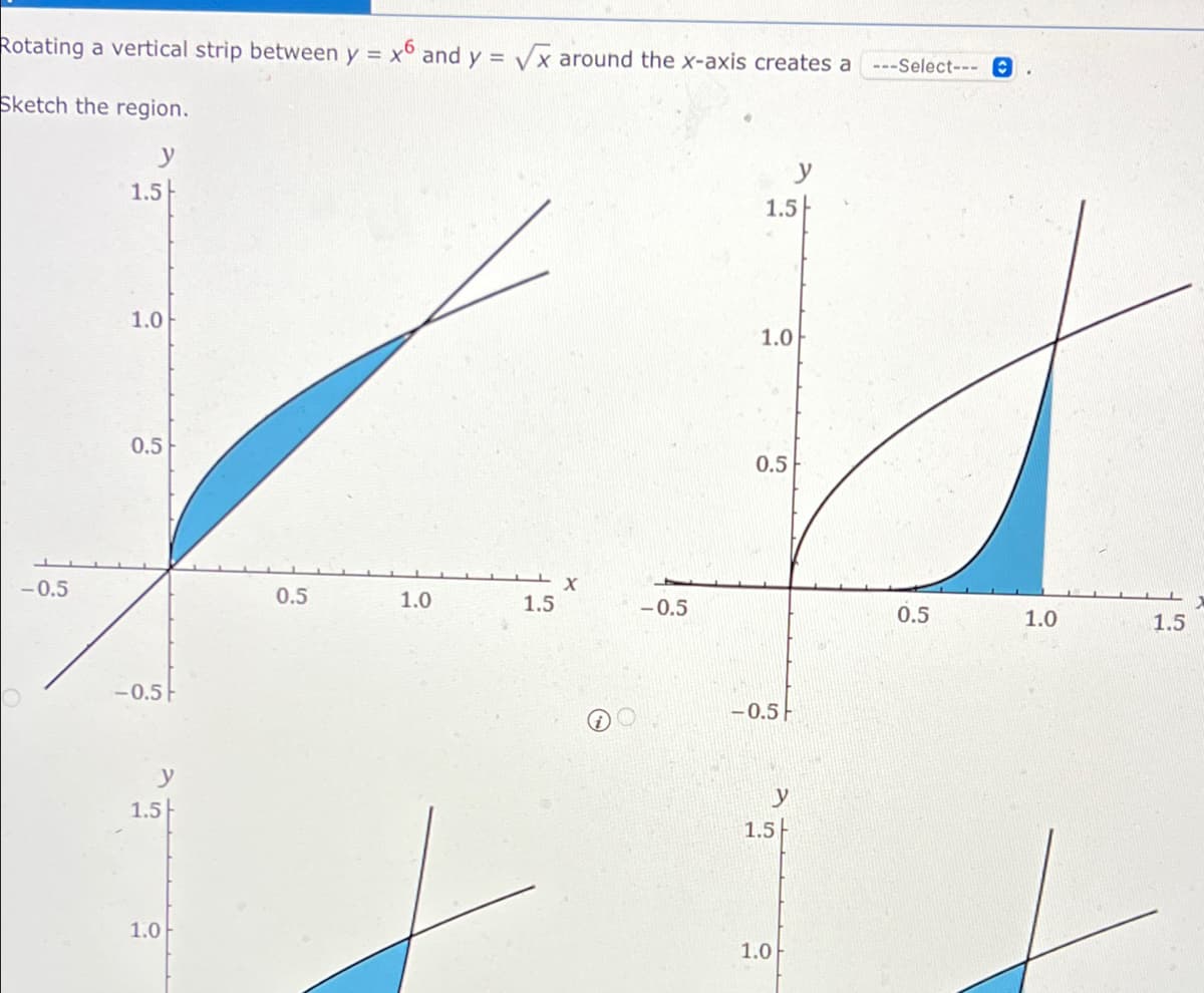 Rotating a vertical strip between y = x6 and y = √x around the x-axis creates a ---Select---
Sketch the region.
y
-0.5
1.5
1.0
0.5
-0.5 F
y
1.5
1.0
0.5
1.0
1.5
X
-0.5
1.5
1.0
0.5
-0.5
y
1.5
1.0
0.5
C
1.0
1.5