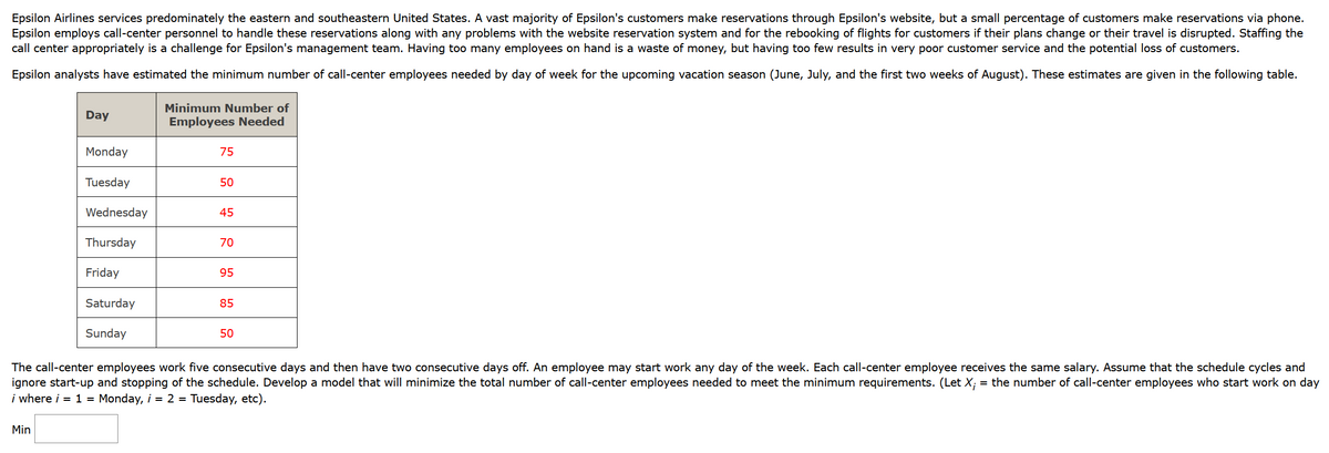 Epsilon Airlines services predominately the eastern and southeastern United States. A vast majority of Epsilon's customers make reservations through Epsilon's website, but a small percentage of customers make reservations via phone.
Epsilon employs call-center personnel to handle these reservations along with any problems with the website reservation system and for the rebooking of flights for customers if their plans change or their travel is disrupted. Staffing the
call center appropriately is a challenge for Epsilon's management team. Having too many employees on hand is a waste of money, but having too few results in very poor customer service and the potential loss of customers.
Epsilon analysts have estimated the minimum number of call-center employees needed by day of week for the upcoming vacation season (June, July, and the first two weeks of August). These estimates are given in the following table.
Day
Min
Monday
Tuesday
Wednesday
Thursday
Friday
Saturday
Sunday
Minimum Number of
Employees Needed
75
50
45
70
95
85
50
The call-center employees work five consecutive days and then have two consecutive days off. An employee may start work any day of the week. Each call-center employee receives the same salary. Assume that the schedule cycles and
ignore start-up and stopping of the schedule. Develop a model that will minimize the total number of call-center employees needed to meet the minimum requirements. (Let X; = the number of call-center employees who start work on day
i where i = 1 = Monday, i = 2 = Tuesday, etc).