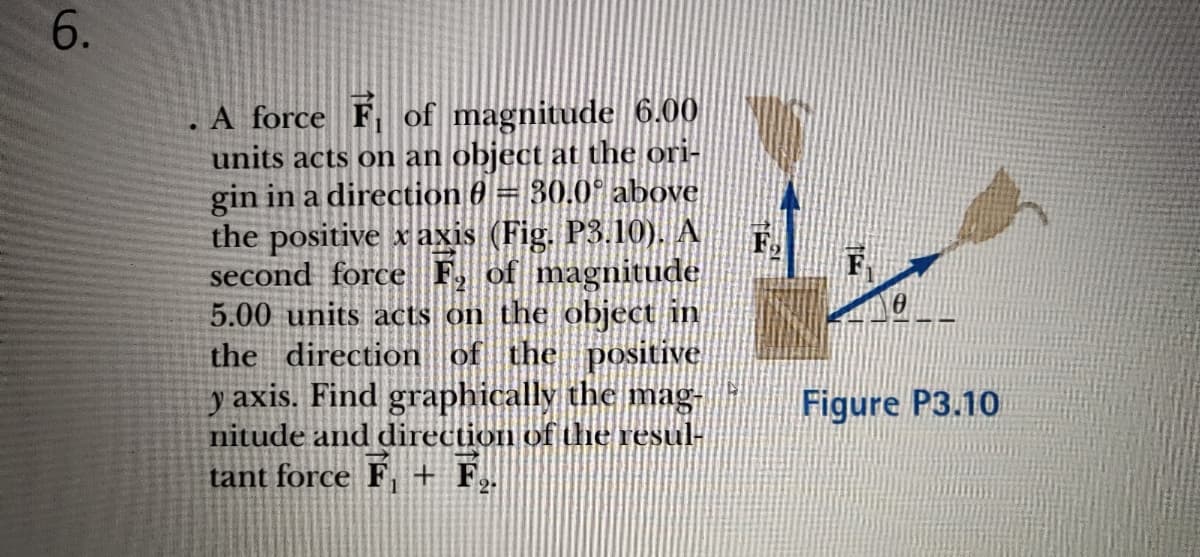 A force F, of magnitude 6.00
units acts on an object at the ori-
gin in a direction 0 = 30.0° above
positive x axis (Fig. P3.10). A
second force F, of magnitude
5.00 units acts on the object in
the direction of the positive
y axis. Find graphically the mag-
nitude and direction of the resul-
tant force F, + F,
the
Figure P3.10
2
6.
