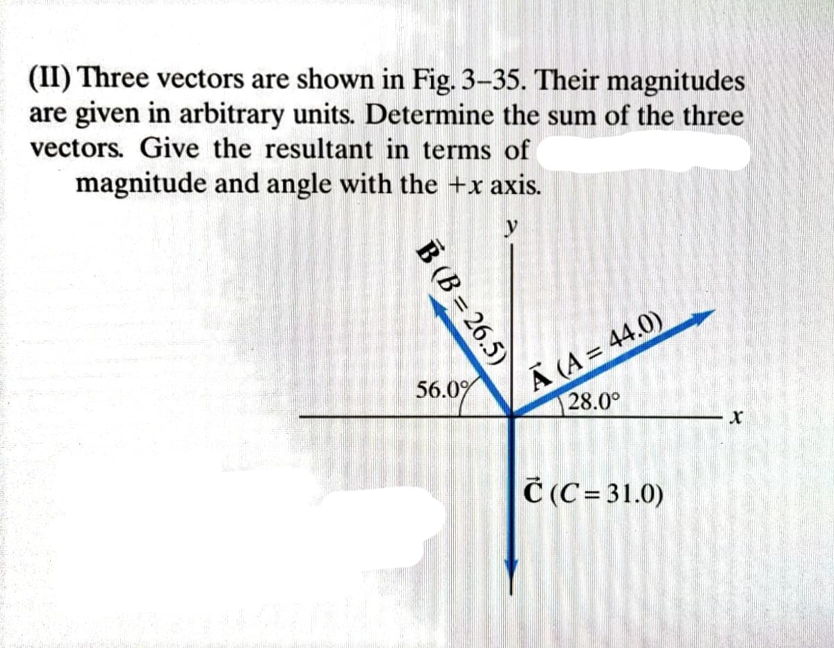 (II) Three vectors are shown in Fig. 3–35. Their magnitudes
are given in arbitrary units. Determine the sum of the three
vectors. Give the resultant in terms of
magnitude and angle with the +x axis.
Ä (A = 44.0)
28.0°
56.0%
Č (C= 31.0)
B (B = 26.5)
