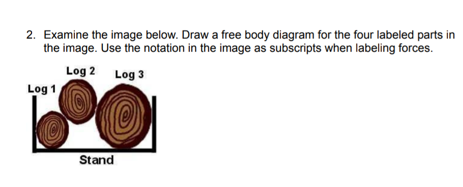 2. Examine the image below. Draw a free body diagram for the four labeled parts in
the image. Use the notation in the image as subscripts when labeling forces.
Log 2
Log 1
Log 3
O
Stand