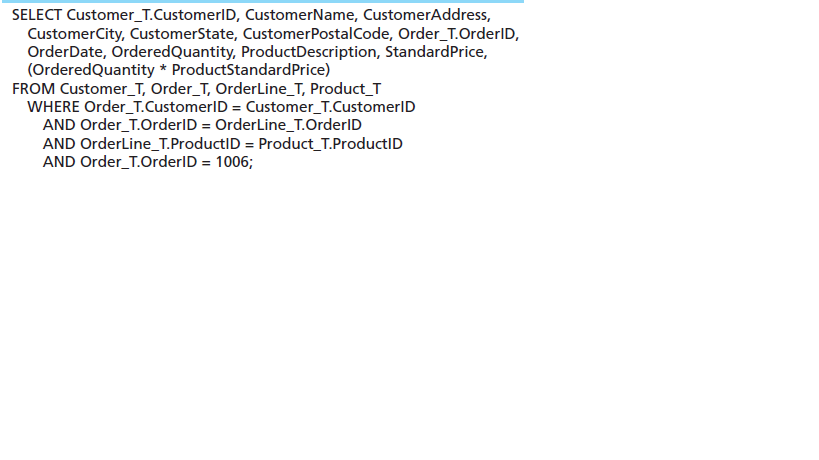 SELECT Customer_T.CustomerlD, CustomerName, CustomerAddress,
CustomerCity, CustomerState, CustomerPostalCode, Order_T.OrderID,
OrderDate, OrderedQuantity, ProductDescription, StandardPrice,
(OrderedQuantity * ProductStandardPrice)
FROM Customer_T, Order_T, OrderLine_T, Product_T
WHERE Order_T.CustomerID = Customer_T.CustomerID
AND Order_T.OrderlD = OrderLine_T.OrderID
AND OrderLine_T.ProductID = Product_T.ProductID
AND Order_T.OrderID = 1006;
