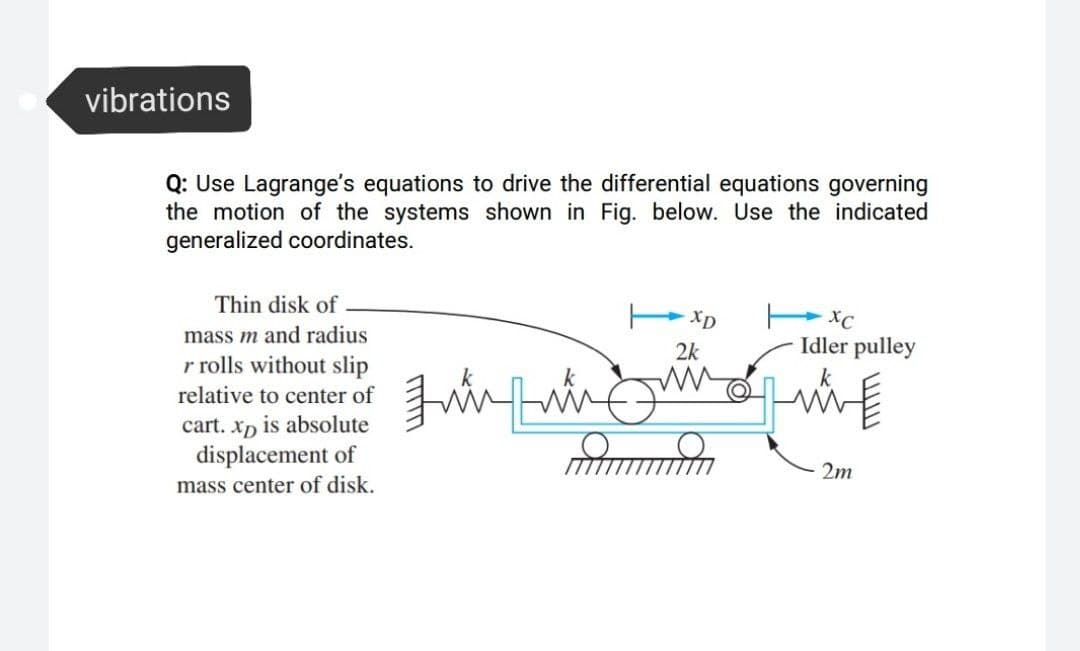 vibrations
Q: Use Lagrange's equations to drive the differential equations governing
the motion of the systems shown in Fig. below. Use the indicated
generalized coordinates.
Thin disk of
Xp
mass m and radius
Idler pulley
2k
r rolls without slip
relative to center of
cart. xp is absolute
displacement of
2m
mass center of disk.
