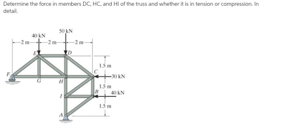 Determine the force in members DC, HC, and HI of the truss and whether it is in tension or compression. In
detail.
50 kN
40 kN
-2 m-
-2 m-
-2 m
E
1.5 m
F
H-30 kN
1.5 m
B
40 kN
1.5 m
A
