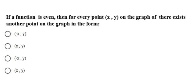 If a function is even, then for every point (x , y) on the graph of there exists
another point on the graph in the form:
(-x-y)
(x -y)
O (x, y)
O (x,y)
