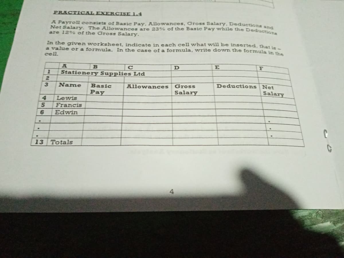 PRACTICAL EXERCISE 1.4
A Payroll consists of Basic Pay, Allowances, Gross Salary, Deduction ang
Net Salary. The Allowances are 23% of the Basic Pay while the Deduction
are 12% of the Gross Salary.
In the given worksheet, indicate in each cell what will be inserted, that is
a value or a formula. In the case of a formula, write down the formula in the
cell.
A
E
F
Stationery Supplies Ltd
Deductions Net
Salary
3.
Name
Basic
Allowances
Gross
Рay
Salary
4
Lewis
Francis
Edwin
13
Totals
4
