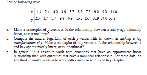 For the following data:
x| 1.4 2.4 4.0 4.9 5.7 6.3 7.8 9.0 9.3 11.0
2.3 3.7 5.7 9.9
6.9 15.8 15.4 36.9 34.6 53.2
Make a scatterplot of y versus x. Is the relationship between x and y approximately
linear, or is it nonlinear?
b. Compute the natural logarithm of each y value. This is known as making a log
transformation of y. Make a scatterplot of In y versus x. Is the relationship between x
and In y approximately linear, or is it nonlinear?
In general, it is easier to work with quantities that have an approximate linear
relationship than with quantities that have a nonlinear relationship. For these data, do
you think it would be easier to work with x and y or with x and In y? Explain.
a.
C.
