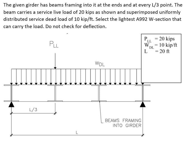 The given girder has beams framing into it at the ends and at every L/3 point. The
beam carries a service live load of 20 kips as shown and superimposed uniformly
distributed service dead load of 10 kip/ft. Select the lightest A992 W-section that
can carry the load. Do not check for deflection.
P, = 20 kips
LL
PLL
W.
= 10 kip/ft
DL
= 20 ft
WDL
L/3
BEAMS FRAMING
INTO GIRDER
L
