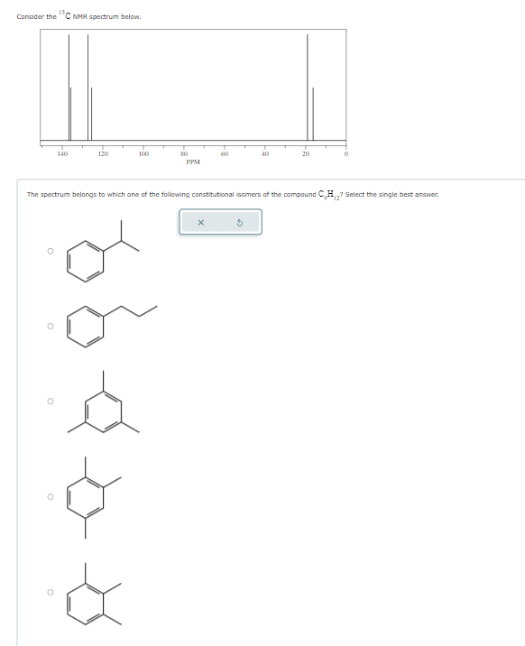 Consider the C NMR spectrum below.
140
120
100
80
PPM
X
40
Ś
20
The spectrum belongs to which one of the following constitutional isomers of the compound C,H,₂? Select the single best answer.
12²
0