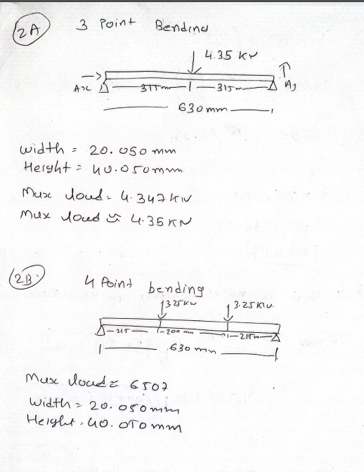 2A.
3 Point
Ах
2B
width:
Height 0.050mm
Bending
↓
3TT m
= 20.050 mm
Mux doud: 4.34741
Mux oud 4.35 KN
>
215
630mm.
4 Point bending
13-25kw
4.35 K
1-200mm
Mux loudz 6507
width = 20.050mm
Height 40. oTomm
-315m~
630 mm
3.25 Klu.
~1-215m.
T