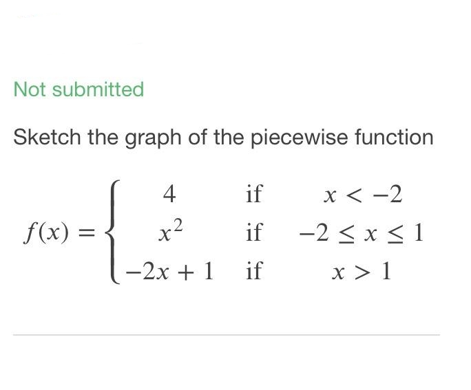 Not submitted
Sketch the graph of the piecewise function
4
if
x < -2
f(x)
x2
if
-2 < x < 1
-2x + 1
if
x > 1
