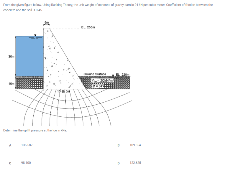 From the given figure below. Using Ranking Theory, the unit weight of concrete of gravity dam is 24 kN per cubic meter. Coefficient of friction between the
concrete and the soil is 0.45.
8m
EL. 255m
30m
Ground Surface
EL. 220m
You= 20KN/m
10m
= 34
10 e 3m
Determine the uplift pressure at the toe in kPa.
A
136.587
B
109.354
98.100
D
122.625
