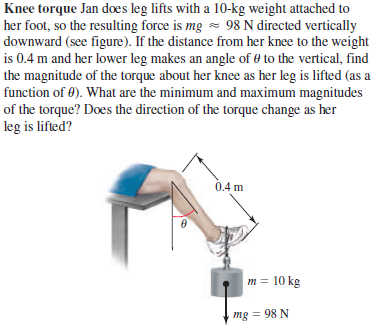 Knee torque Jan does leg lifts with a 10-kg weight attached to
her foot, so the resulting force is mg = 98 N directed vertically
downward (see figure). If the distance from her knee to the weight
is 0.4 m and her lower leg makes an angle of 0 to the vertical, find
the magnitude of the torque about her knee as her leg is lifted (as a
function of 0). What are the minimum and maximum magnitudes
of the torque? Does the direction of the torque change as her
leg is lifted?
0.4 m
m = 10 kg
mg = 98 N
