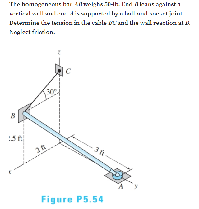 The homogeneous bar AB weighs 50-1lb. End B leans against a
vertical wall and end A is supported by a ball-and-socket joint.
Determine the tension in the cable BC and the wall reaction at B.
Neglect friction.
C
30
В
..5 ft|
2 ft
3 ft
A
Figure P5.54
