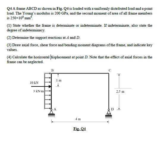 Q4 A frame ABCD as shown in Fig. Q4 is loaded with a uniformly distributed load and a point
load. The Young's modulus is 200 GPa, and the second moment of area of all frame members
is 250x105 mm².
(1) State whether the frame is determinate or indeterminate. If indeterminate, also state the
degree of indeterminacy.
(2) Determine the support reactions at A and D.
(3) Draw axial force, shear force and bending moment diagrams of the frame, and indicate key
values.
(4) Calculate the horizontal displacement at point D. Note that the effect of axial forces in the
frame can be neglected.
10 kN
3 kN/m
B
1 m
A
4 m
Fig. Q4
2.5 m