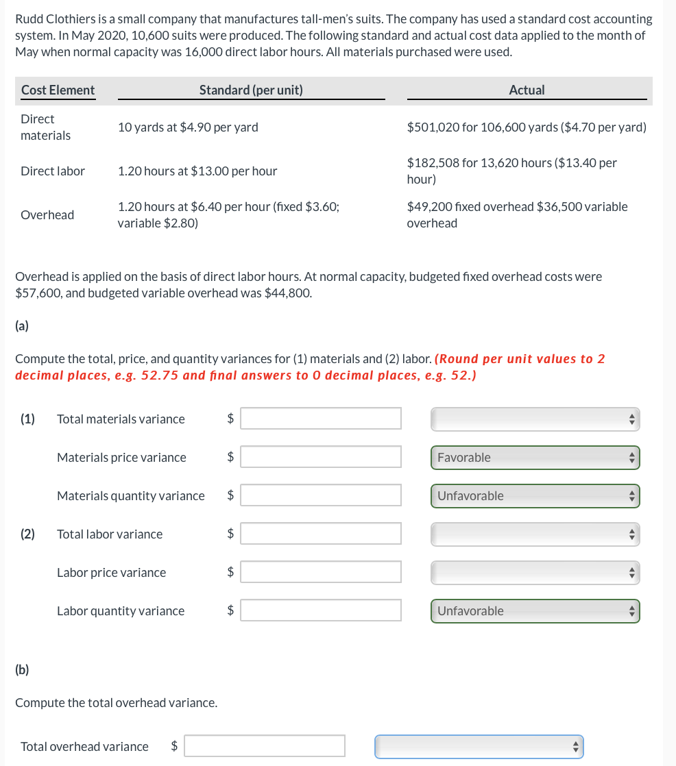 Rudd Clothiers is a small company that manufactures tall-men's suits. The company has used a standard cost accounting
system. In May 2020, 10,600 suits were produced. The following standard and actual cost data applied to the month of
May when normal capacity was 16,000 direct labor hours. All materials purchased were used.
Cost Element
Direct
materials
Direct labor
Overhead
(a)
(1)
(2)
10 yards at $4.90 per yard
(b)
1.20 hours at $13.00 per hour
1.20 hours at $6.40 per hour (fixed $3.60;
variable $2.80)
Overhead is applied on the basis of direct labor hours. At normal capacity, budgeted fixed overhead costs were
$57,600, and budgeted variable overhead was $44,800.
Compute the total, price, and quantity variances for (1) materials and (2) labor. (Round per unit values to 2
decimal places, e.g. 52.75 and final answers to 0 decimal places, e.g. 52.)
Total materials variance
Materials price variance
Standard (per unit)
Total labor variance
Labor price variance
Materials quantity variance $
Labor quantity variance
Compute the total overhead variance.
Total overhead variance $
$
$
$
$
$501,020 for 106,600 yards ($4.70 per yard)
$182,508 for 13,620 hours ($13.40 per
hour)
$
$49,200 fixed overhead $36,500 variable
overhead
Actual
Favorable
Unfavorable
Unfavorable
+