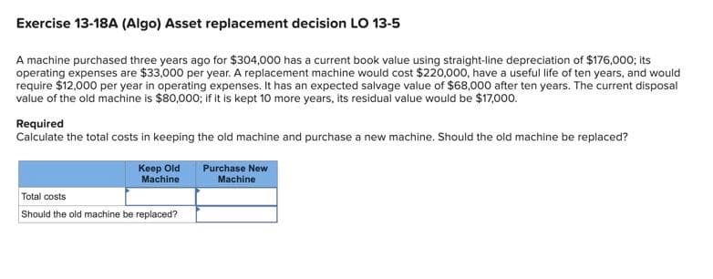 Exercise 13-18A (Algo) Asset replacement decision LO 13-5
A machine purchased three years ago for $304,000 has a current book value using straight-line depreciation of $176,000; its
operating expenses are $33,000 per year. A replacement machine would cost $220,000, have a useful life of ten years, and would
require $12,000 per year in operating expenses. It has an expected salvage value of $68,000 after ten years. The current disposal
value of the old machine is $80,000; if it is kept 10 more years, its residual value would be $17,000.
Required
Calculate the total costs in keeping the old machine and purchase a new machine. Should the old machine be replaced?
Keep Old
Machine
Total costs
Should the old machine be replaced?
Purchase New
Machine