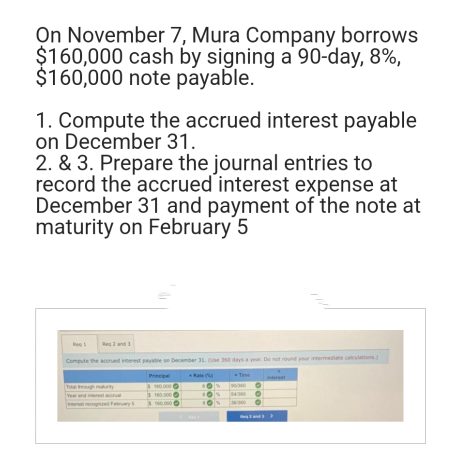 On November 7, Mura Company borrows
$160,000 cash by signing a 90-day, 8%,
$160,000 note payable.
1. Compute the accrued interest payable
on December 31.
2. & 3. Prepare the journal entries to
record the accrued interest expense at
December 31 and payment of the note at
maturity on February 5
Req 2 and 3
Compute the accrued interest payable on December 31. (Use 360 days a year. Do not round your intermediate calculations.)
* Rate(%)
Req 1
Total through maturity
Year end interest accrual
Interest recognized February 5
Principal
$ 160,000
$ 160,000
$ 160,000
%
8
80%
* Time
90/360
54/360
36/360
Req 2 and
Interest
and 3>