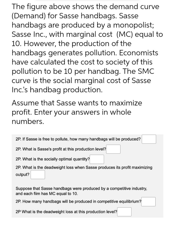 The figure above shows the demand curve
(Demand) for Sasse handbags. Sasse
handbags are produced by a monopolist;
Sasse Inc., with marginal cost (MC) equal to
10. However, the production of the
handbags generates pollution. Economists
have calculated the cost to society of this
pollution to be 10 per handbag. The SMC
curve is the social marginal cost of Sasse
Inc's handbag production.
Assume that Sasse wants to maximize
profit. Enter your answers in whole
numbers.
2P. If Sasse is free to pollute, how many handbags will be produced?
2P. What is Sasse's profit at this production level?
2P. What is the socially optimal quantity?
2P. What is the deadweight loss when Sasse produces its profit maximizing
output?
Suppose that Sasse handbags were produced by a competitive industry,
and each fiim has MC equal to 10.
2P. How many handbags will be produced in competitive equilibrium?
2P What is the deadweight loss at this production level?
