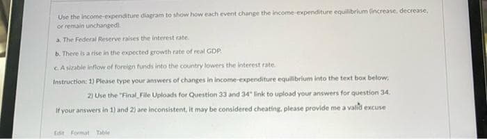 Use the income-expenditure diagram to show how each event change the income-expenditure equilibrium (increase, decrease,
or remain unchanged).
a. The Federal Reserve raises the interest rate.
b. There is a rise in the expected growth rate of real GDP
CA sizable inflow of foreign funds into the country lowers the interest rate.
Instruction: 1) Please type your answers of changes in income-expenditure equilibrium into the text box below,
2) Use the "Final File Uploads for Question 33 and 34" link to upload your answers for question 34.
If your answers in 1) and 2) are inconsistent, it may be considered cheating, please provide me a valid excuse
Edit Format Table
