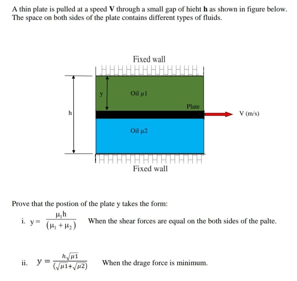 A thin plate is pulled at a speed V through a small gap of hieht h as shown in figure below.
The space on both sides of the plate contains different types of fluids.
Fixed wall
y
Oil u1
Plate
h
V (m/s)
Oil u2
Fixed wall
Prove that the postion of the plate y takes the form:
Hih
i. y= (H, +H2)
When the shear forces are equal on the both sides of the palte.
h/u1
ii. y =
When the drage force is minimum.
