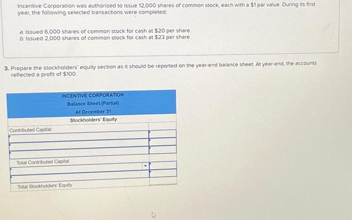 Incentive Corporation was authorized to issue 12,000 shares of common stock, each with a $1 par value. During its first
year, the following selected transactions were completed:
a. Issued 6,000 shares of common stock for cash at $20 per share.
b. Issued 2,000 shares of common stock for cash at $23 per share
3. Prepare the stockholders' equity section as it should be reported on the year-end balance sheet. At year-end, the accounts
reflected a profit of $100.
Contributed Capital:
INCENTIVE CORPORATION
Balance Sheet (Partial)
At December 31
Stockholders' Equity
Total Contributed Capital
Total Stockholders' Equity
W