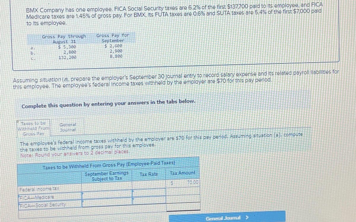 BMX Company has one employee. FICA Social Security taxes are 6.2% of the first $137,700 paid to its employee, and FICA
Medicare taxes are 1.45% of gross pay. For BMX, Its FUTA taxes are 0.6% and SUTA taxes are 5.4% of the first $7,000 pald
to its employee.
d
b
C.
Gross Pay through
August 31
$ 5,300
2,800
132,200
Assuming situation (a), prepare the employer's September 30 Journal entry to record salary expense and its related payroll liabilities for
this employee. The employee's federal Income taxes withheld by the employer are $70 for this pay period.
Taxes to be
Withheld From
Gross Pay
Gross Pay for
September
$ 2,600
Complete this question by entering your answers in the tabs below.
General
Journal
2,900
8,300
The employee's federal income taxes withheld by the employer are 570 for this pay period. Assuming situation (a), compute
the taxes to be withheld from gross pay for this employee.
Note: Round your answers to 2 decimal places.
Federal income tax
FICA-Medicare
FICA-Social Security
Taxes to be Withheld From Gross Pay (Employee-Paid Taxes)
September Earnings Tax Rate
Subject to Tax
Tax Amount
General Jound >