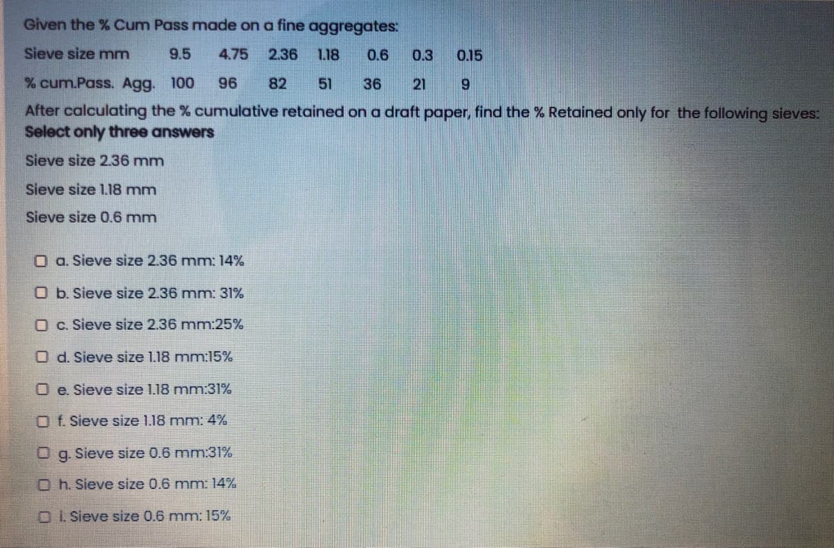 Given the % Cum Pass made on a fine aggregates:
Sieve size mm
9.5
4.75
2.36
1.18
0.6
0.3
0.15
% cum.Pass. Agg. 100
96
82
51
36
21
After calculating the % cumulative retained on a draft paper, find the % Retained only for the following sieves:
Select only three answers
Sieve size 2.36 mm
Sieve size 1.18 mm
Sieve size 0.6 mm
O a. Sieve size 2.36 mmn: 14%
O b. Sieve size 2.36 mm: 31%
O C. Sieve size 2.36 mm:25%
O d. Sieve size 1.18 mm:l5%
O e. Sieve size 1.18 mm:31%
O f. Sieve size 1.18 mm: 4%
O g. Sieve size 0.6 mm:31%
O h. Sieve size 0.6 mm: 14%
OL Sieve size 0.6 mm: 15%
