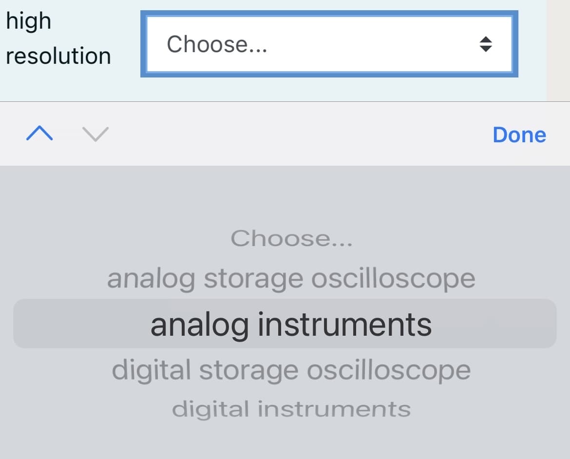 high
Choose...
resolution
Done
Choose...
analog storage oscilloscope
analog instruments
digital storage oscilloscope
digital instruments
