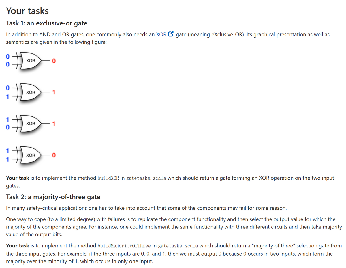 Your tasks
Task 1: an exclusive-or gate
In addition to AND and OR gates, one commonly also needs an XOR gate (meaning eXclusive-OR). Its graphical presentation as well as
semantics are given in the following figure:
0
0
0
1
XOR
XOR
#i
XOR
[
XOR
0
1
Your task is to implement the method buildXOR in gatetasks. scala which should return a gate forming an XOR operation on the two input
gates.
Task 2: a majority-of-three gate
In many safety-critical applications one has to take into account that some of the components may fail for some reason.
One way to cope (to a limited degree) with failures is to replicate the component functionality and then select the output value for which the
majority of the components agree. For instance, one could implement the same functionality with three different circuits and then take majority
value of the output bits.
Your task is to implement the method buildMajorityOfThree in gatetasks. scala which should return a "majority of three" selection gate from
the three input gates. For example, if the three inputs are 0, 0, and 1, then we must output 0 because 0 occurs in two inputs, which form the
majority over the minority of 1, which occurs in only one input.