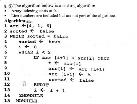 8. (i) The algorithm below is a soiting algorithm.
• Array indexing starts at 0.
• Line numbers are included bui are not part of the aigorithm.
Algorithm
1 arr (4, 1, 6]
2 sorted e false
3 WHILE Sorted = falsa
= falsa
4
sorted e true
i + o
6
WHILE i < 2
IF arr [i+1] < arr(i] THEN
t € arr(i]
arr(i] arr (i+lj
arr [i+1] + t
sorted e false
10
11
12
ENDIF
13
i + i + 1
14
ENDVHILE
15
NDWHILE
