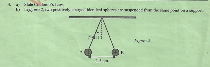 4. a) State Coulomb's Law.
b) In figure 2, two positively charged identical spheres are suspended from the same point on a support.
Figure 2
A
B
2.5 cm
