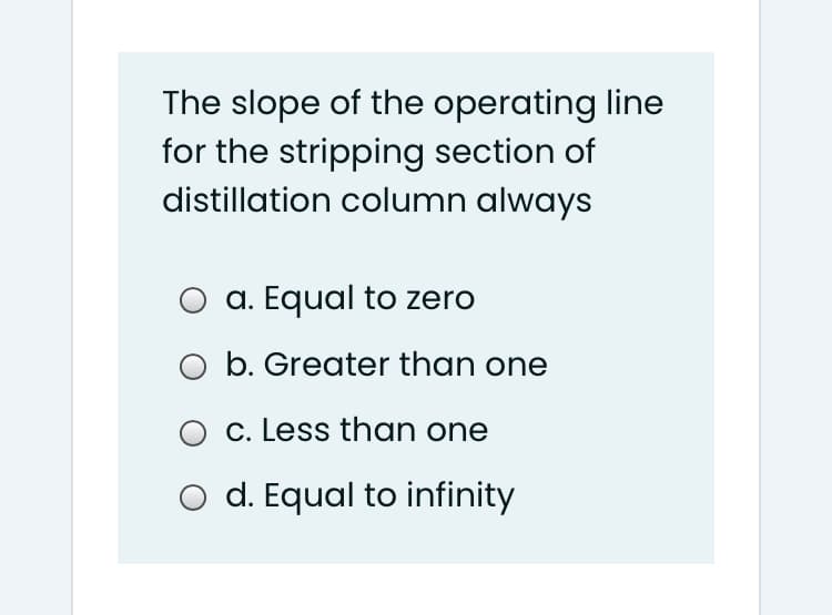 The slope of the operating line
for the stripping section of
distillation column always
a. Equal to zero
O b. Greater than one
c. Less than one
d. Equal to infinity
