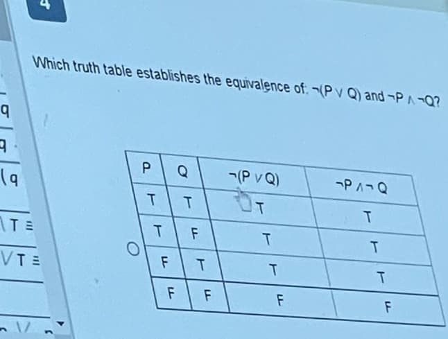 Which truth table establishes the equivalence of:.¬(Pv Q) and-PA-Q?
Q
-(P v Q)
-PA-Q
T.
IT
F
T
VTE
F
F
ヒ
ト
