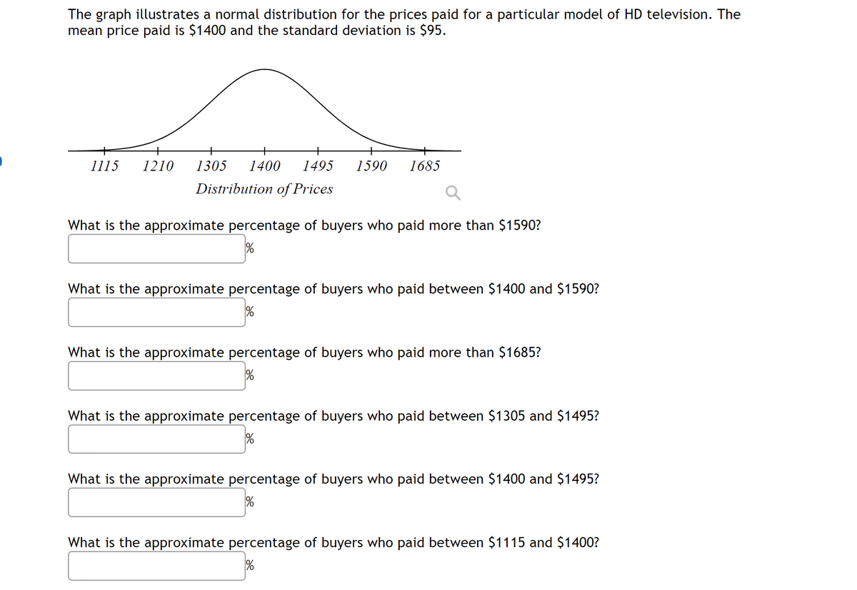 The graph illustrates a normal distribution for the prices paid for a particular model of HD television. The
mean price paid is $1400 and the standard deviation is $95.
1115 1210
+
1305 1400
+
1495 1590
Distribution of Prices
1685
a
What is the approximate percentage of buyers who paid more than $1590?
%
What is the approximate percentage of buyers who paid between $1400 and $1590?
What is the approximate percentage of buyers who paid more than $1685?
%
What is the approximate percentage of buyers who paid between $1305 and $1495?
%
What is the approximate percentage of buyers who paid between $1400 and $1495?
What is the approximate percentage of buyers who paid between $1115 and $1400?
%