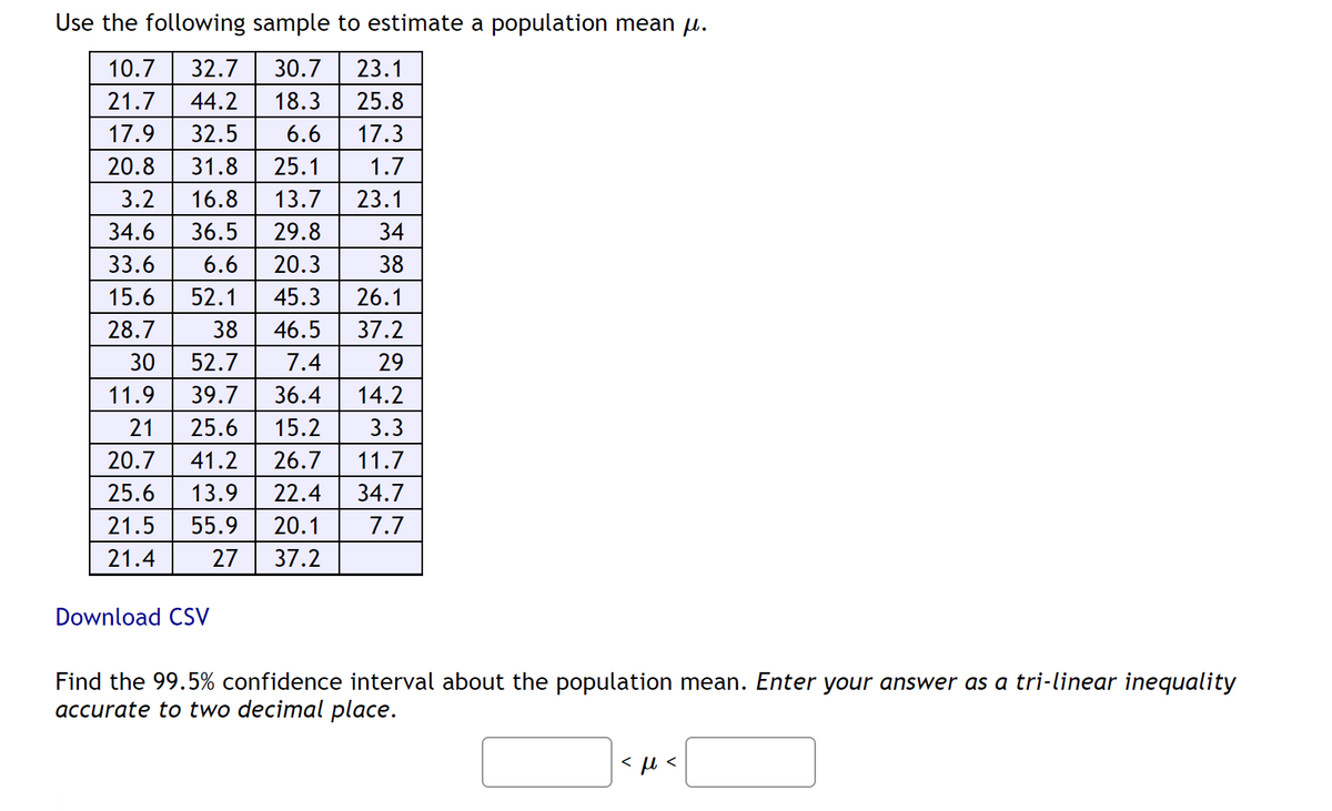 Use the following sample to estimate a population mean µ.
10.7 32.7 30.7 23.1
21.7 44.2 18.3
25.8
17.9 32.5
6.6
17.3
20.8 31.8 25.1 1.7
3.2 16.8
13.7 23.1
34.6 36.5 29.8
33.6 6.6
20.3
15.6 52.1 45.3 26.1
28.7
38
46.5
37.2
30
52.7
7.4
29
11.9 39.7
36.4 14.2
3.3
34
38
21 25.6 15.2
20.7 41.2 26.7 11.7
25.6 13.9 22.4 34.7
21.5 55.9 20.1 7.7
27 37.2
21.4
Download CSV
Find the 99.5% confidence interval about the population mean. Enter your answer as a tri-linear inequality
accurate to two decimal place.
<ft<