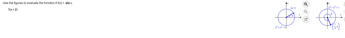 Use the figures to evaluate the function if f(x) = sin x.
Ay
x² + y² = 1
(x,1)
f (α + β)
