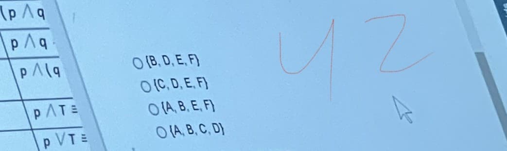 p Aq
O (B, D, E, F)
O (C. D, E. F)
O(A. B. E, F)
O(A, B, C, D)
PAla
PATE
p VTE
