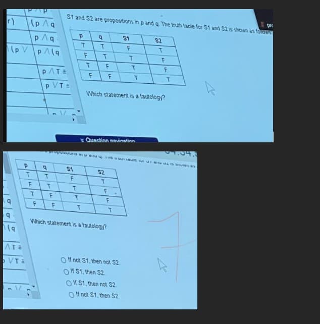 **Propositional Logic and Tautologies**

In this lesson, we explore the concept of tautologies in propositional logic using truth tables. For this example, we have two propositions, \( p \) and \( q \), and we will analyze their combinations to determine if certain statements are tautologies.

The following truth table for \( S1 \) and \( S2 \) is shown:

| \( p \) | \( q \) | \( S1 \) | \( S2 \) |
|:------:|:------:|:------:|:------:|
|   T    |    T   |    T   |    T   |
|   T    |    F   |    F   |    T   |
|   F    |    T   |    T   |    T   |
|   F    |    F   |    T   |    T   |

Based on the truth table above, we are to determine the tautology among the statements given.

**Which statement is a tautology?**

- \( O \) If not \( S1 \), then not \( S2 \).
- \( O \) If \( S1 \), then \( S2 \).
- \( O \) If \( S1 \), then not \( S2 \).
- \( O \) If not \( S1 \), then \( S2 \).

A tautology is a propositional formula that is always true regardless of the truth values of its subformulas.

In this context, you are to analyze which of these statements always holds true based on the truth table values provided for \( S1 \) and \( S2 \).

- Analyze each statement individually.
- Verify its truth value for each combination of \( p \) and \( q \).

**Diagrams:**

The truth table provided above lists all possible combinations of the truth values of \( p \) and \( q \), along with their corresponding \( S1 \) and \( S2 \) values. This table is essential for determining which logical statements are tautologies.

By methodically verifying each statement, you will deduce which one consistently holds true, thus identifying the tautology.