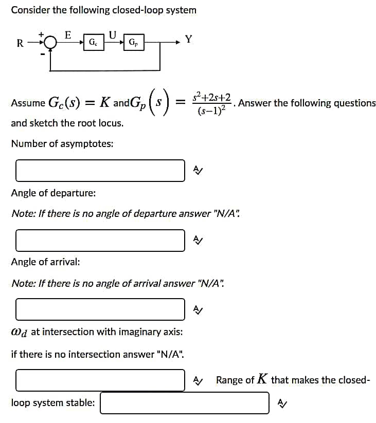 Consider the following closed-loop system
E
R
G.
Y
Assume G.(s) = K andG, ( s
s2+2s+2
(s-1)?
.Answer the following questions
and sketch the root locus.
Number of asymptotes:
Angle of departure:
Note: If there is no angle of departure answer "N/A".
Angle of arrival:
Note: If there is no angle of arrival answer "N/A".
Wd at intersection with imaginary axis:
if there is no intersection answer "N/A".
A Range of K that makes the closed-
loop system stable:
A
