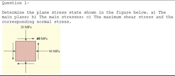 Question 1-
Determine the plane stress state shown in the figure below. a) The
main plans; b) The main stresses; c) The maximum shear stress and the
corresponding normal stress.
20 MPa
40 MPa
- 60 MPa
