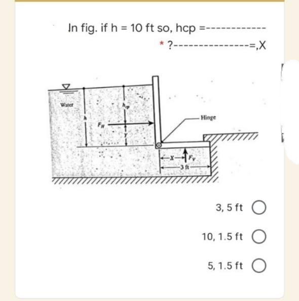 In fig. if h = 10 ft so, hcp
?--
-----,X
Water
- Hinge
3ft
3, 5 ft O
10, 1.5 ft
5, 1.5 ft O
