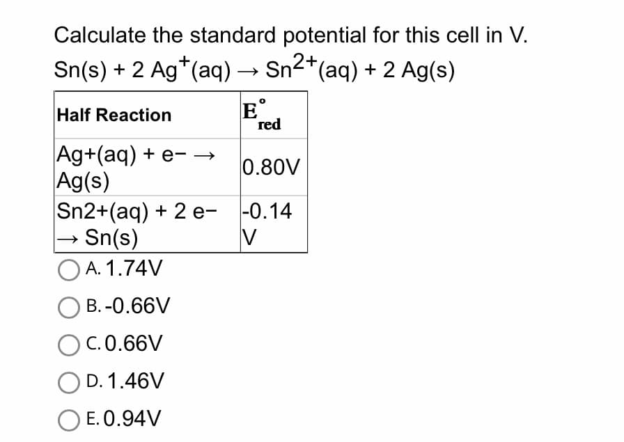 Calculate the standard potential for this cell in V.
Sn(s) + 2 Ag* (aq) → Sn²+ (aq) + 2 Ag(s)
Half Reaction
Ag+(aq) + e- →
Ag(s)
Sn2+(aq) + 2 e-
Sn(s)
OA. 1.74V
OB.-0.66V
C. 0.66V
O D. 1.46V
O E. 0.94V
EⓇ
red
0.80V
-0.14
V