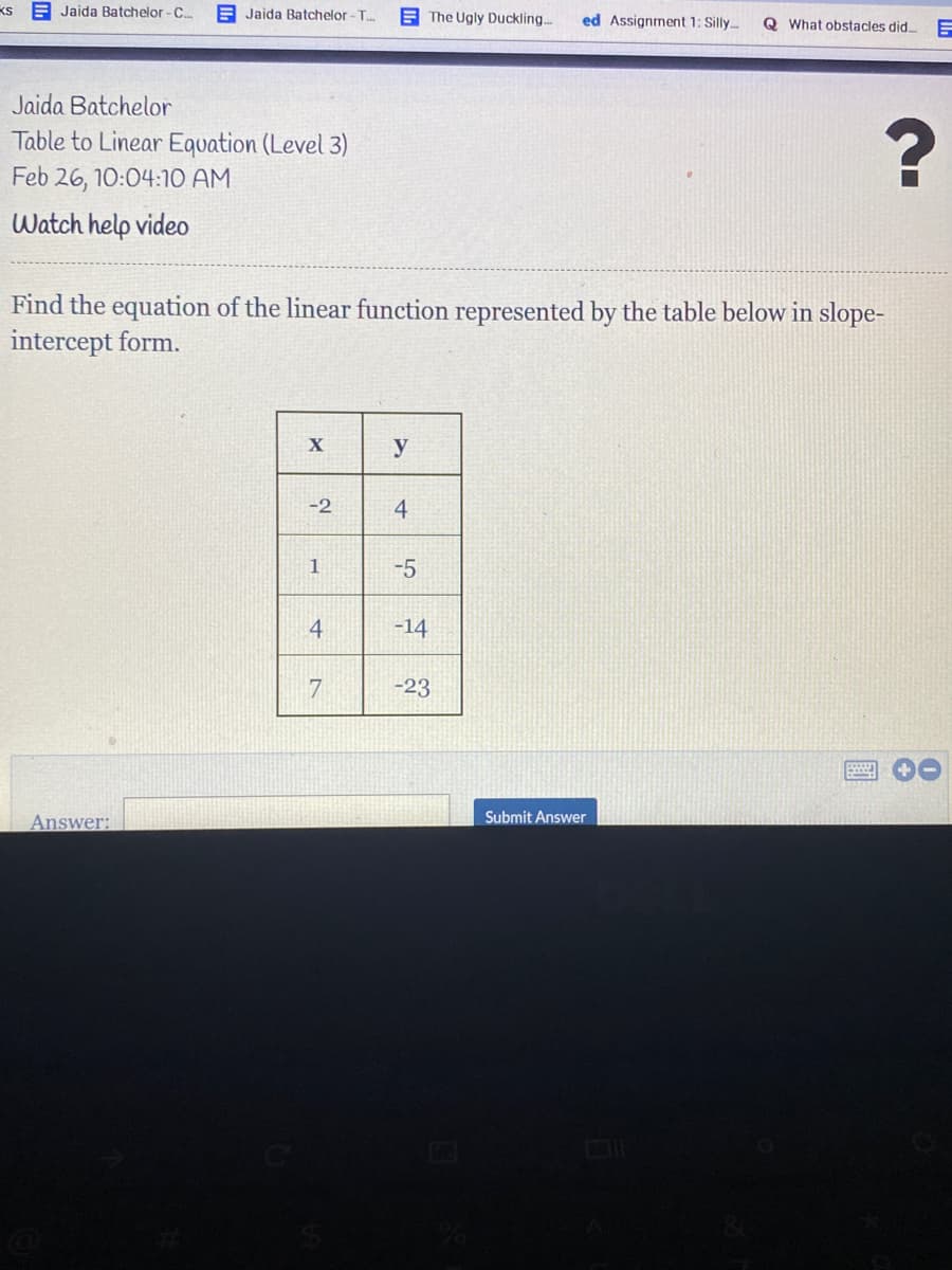 KS E Jaida Batchelor -C..
E Jaida Batchelor - T..
E The Ugly Duckling..
ed Assignment 1: Silly.
Q What obstacles did.
Jaida Batchelor
Table to Linear Equation (Level 3)
Feb 26, 10:04:10 AM
Watch help video
Find the equation of the linear function represented by the table below in slope-
intercept form.
У
-2
4
-5
4
-14
7
-23
Answer:
Submit Answer
