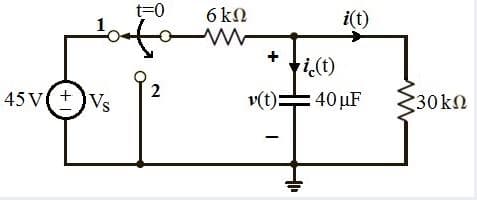 t=0
6 kN
i(t)
of
+
ti(t)
45 V(+)Vs
v(t)= 40 µF
30kn
