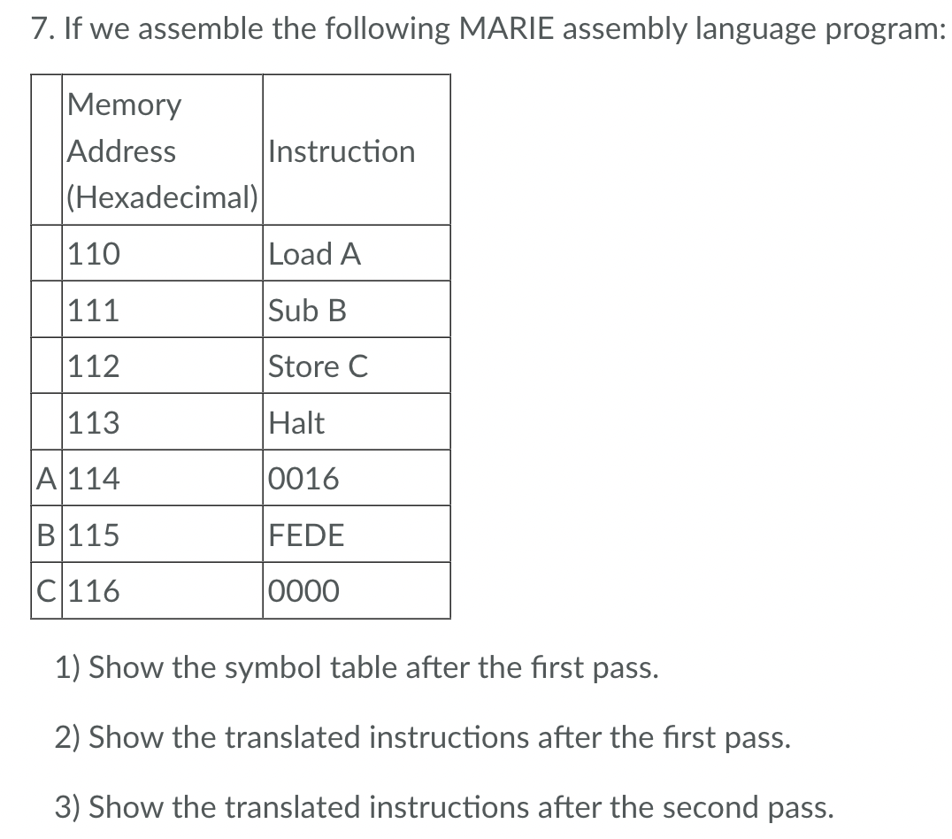 ### Assembly Program Description

The following is an example of a MARIE assembly language program and the steps to assemble it:

#### Program Instructions

| Memory Address (Hexadecimal) | Instruction   |
|------------------------------|---------------|
| 110                          | Load A        |
| 111                          | Sub B         |
| 112                          | Store C       |
| 113                          | Halt          |
| A                            | 0016          |
| B                            | FEDE          |
| C                            | 0000          |

### Tasks

1. **Show the symbol table after the first pass.**
2. **Show the translated instructions after the first pass.**
3. **Show the translated instructions after the second pass.**

---

### 1. Symbol Table After the First Pass

The symbol table is created during the first pass of the assembler. It records the addresses assigned to the labels used in the program.

| Symbol | Address |
|--------|---------|
| A      | 114     |
| B      | 115     |
| C      | 116     |

### 2. Translated Instructions After the First Pass

During the first pass, the assembler translates symbolic addresses to numerical addresses but does not yet resolve the data part. Here’s what it looks like:

| Memory Address (Hexadecimal) | Machine Code                |
|------------------------------|-----------------------------|
| 110                          | Load [114]                    |
| 111                          | Sub [115]                     |
| 112                          | Store [116]                   |
| 113                          | Halt                        |
| 114                          | 0016                        |
| 115                          | FEDE                        |
| 116                          | 0000                        |

### 3. Translated Instructions After the Second Pass

In the second pass, the assembler resolves the symbolic addresses to their corresponding numeric values and produces the final machine code.

| Memory Address (Hexadecimal) | Machine Code |
|------------------------------|--------------|
| 110                          | 3014         |
| 111                          | 3115         |
| 112                          | 3216         |
| 113                          | 7000         |
| 114                          | 0016         |
| 115                          | FEDE         |
| 116                          | 0000         |

**Explanation:**

- **110:** Load A translates to `3014` (Load operation with address 114).
- **111:** Sub